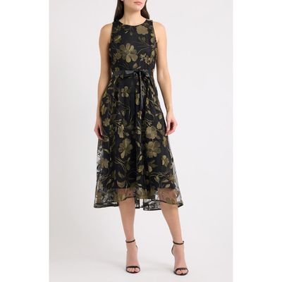 Tahari ASL Tahari ASL Belted Metallic Floral Embroidered Fit & Flare Midi Dress