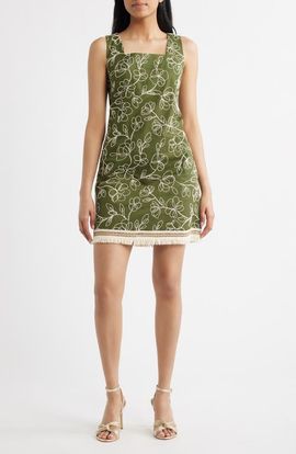 Tahari ASL Tahari ASL Embroidered Fray Hem Sleeveless Minidress