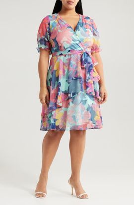 Tahari ASL Tahari ASL Floral Shadow Stripe Short Sleeve Faux Wrap Dress