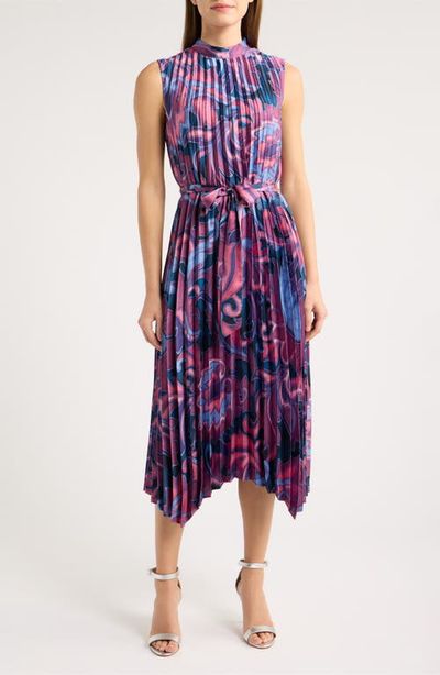Tahari ASL Tahari ASL Print Pleated Tie Waist Midi Dress