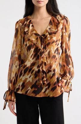 Tahari ASL Tahari ASL Print Ruffle Balloon Sleeve Top