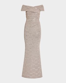Talbot Runhof Crisscross Off-The-Shoulder Shimmering Jersey Gown