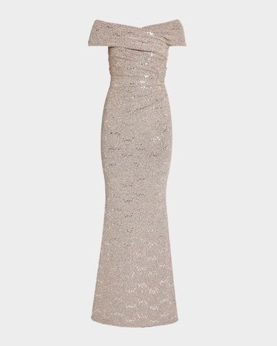 Talbot Runhof Crisscross Off-The-Shoulder Shimmering Jersey Gown