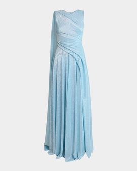 Talbot Runhof Draped Sleeveless Metallic Gown with Cape