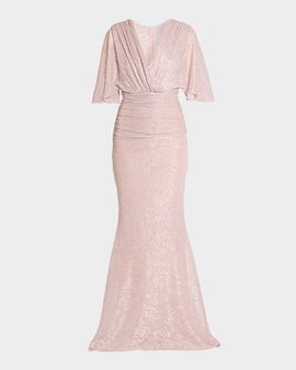 Talbot Runhof Floral Metallic Draped V-Neck Gown