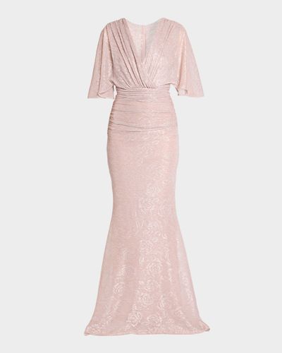 Talbot Runhof Floral Metallic Draped V-Neck Gown