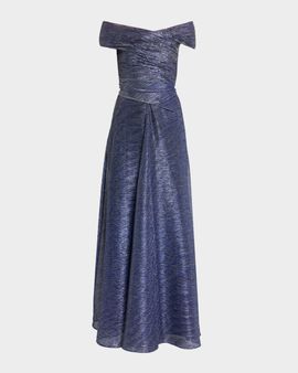 Talbot Runhof Off-The-Shoulder Metallic Voile Long Dress