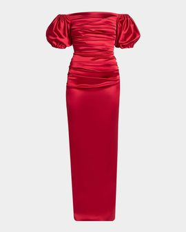 Talbot Runhof Off-The-Shoulder Stretch Satin Duchesse Column Gown