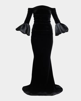 Talbot Runhof Ruffle Long-Sleeve Stretch Velvet Off-The-Shoulder Gown