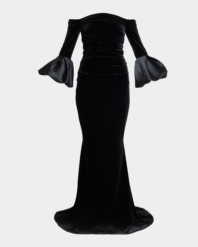 Talbot Runhof Ruffle Long-Sleeve Stretch Velvet Off-The-Shoulder Gown