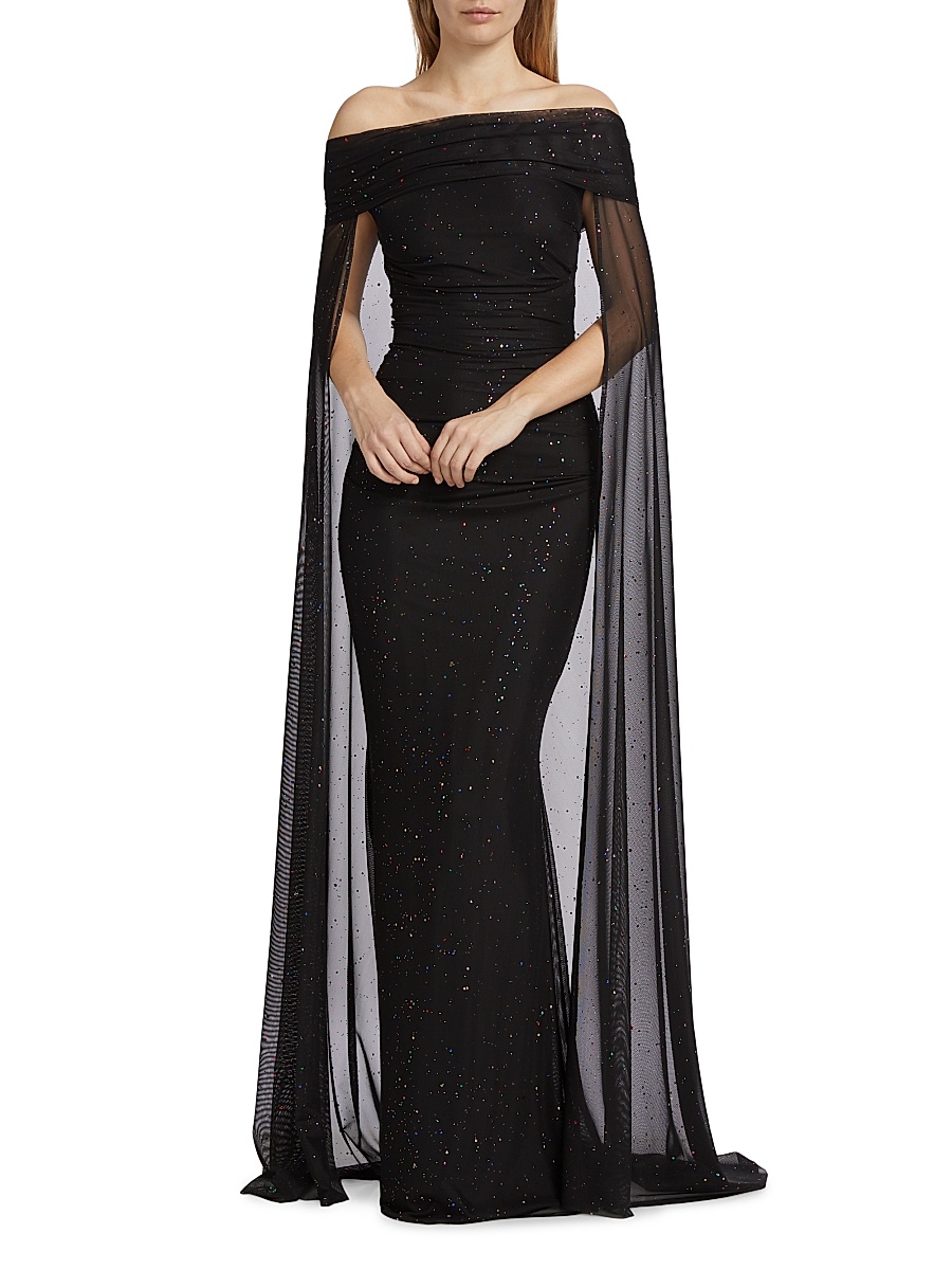Talbot Runhof - Women's Confetti Tulle Off-The-Shoulder Cape Gown