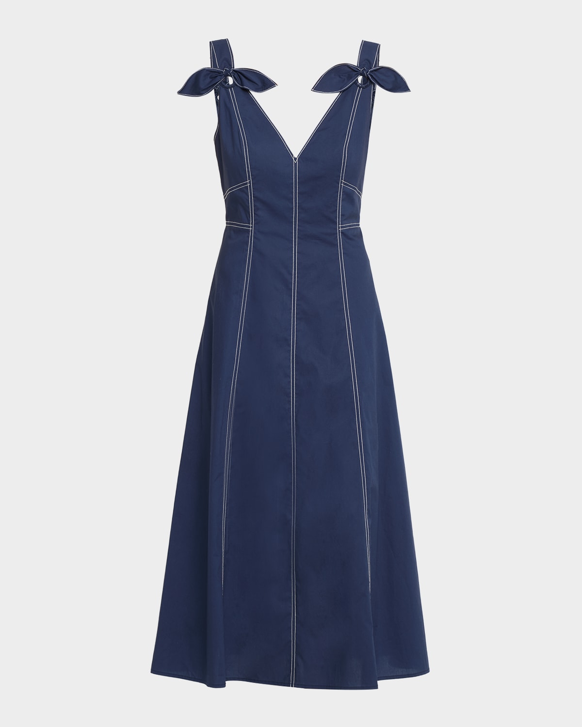 Tanya Taylor Caprice V-Neck Denim Midi Dress with Bows