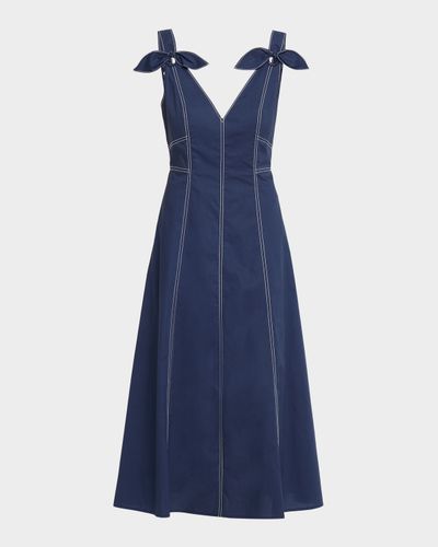 Tanya Taylor Caprice V-Neck Denim Midi Dress with Bows