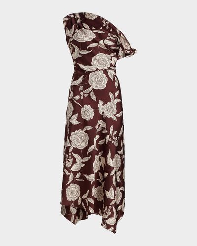 Tanya Taylor Loretta Floral Satin One-Shoulder Midi Dress