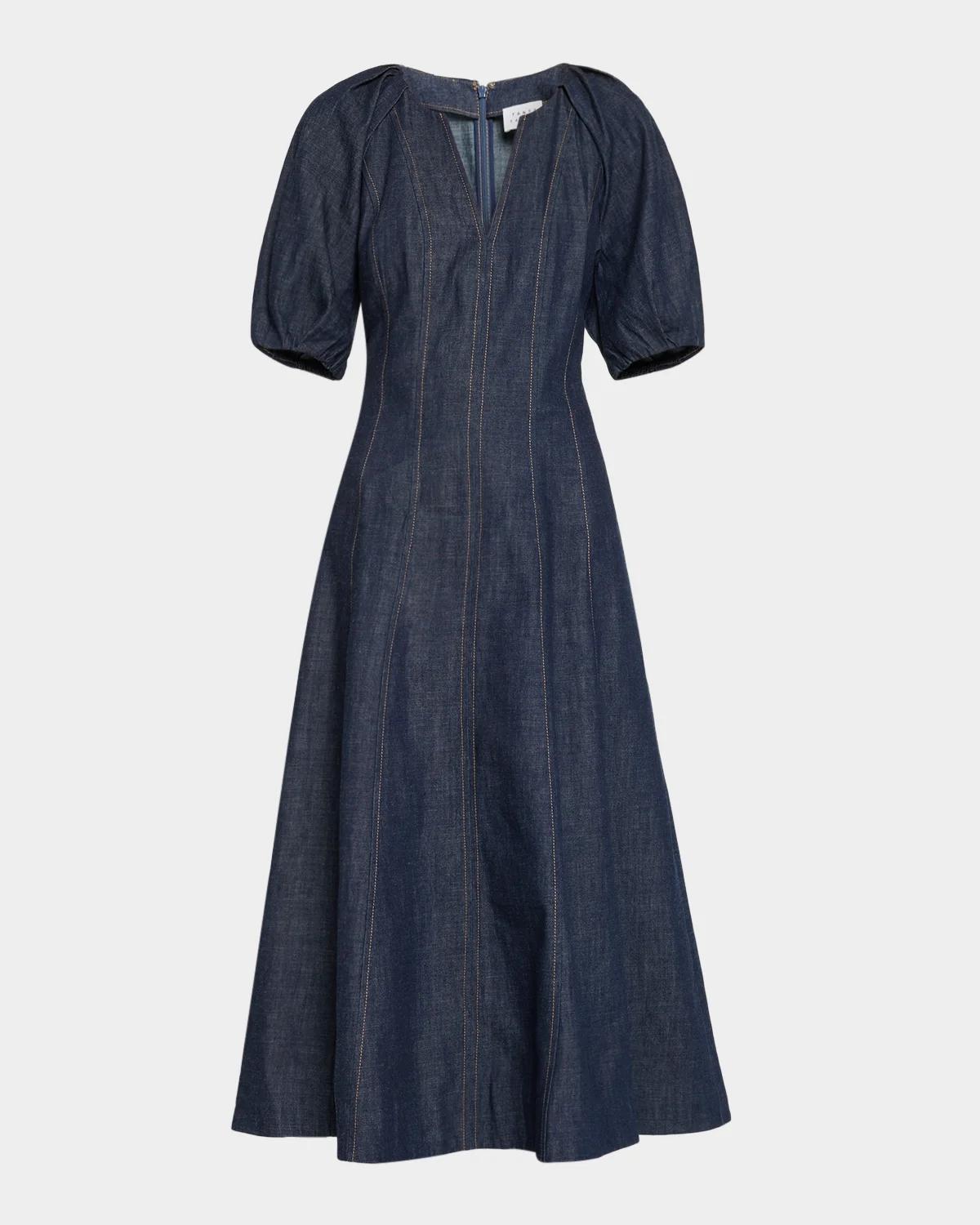 Tanya Taylor Piper Chambray Denim Fit-&-Flare Midi Dress