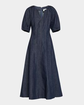 Tanya Taylor Piper Chambray Denim Fit-&-Flare Midi Dress