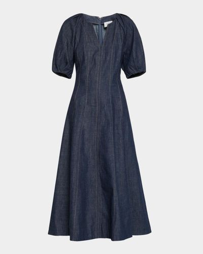 Tanya Taylor Piper Chambray Denim Fit-&-Flare Midi Dress