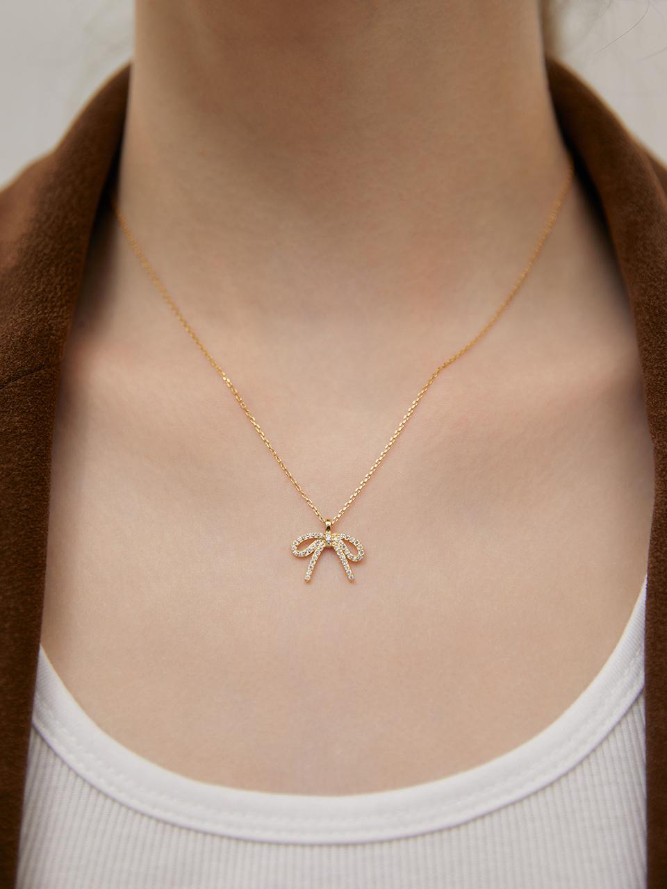 TATIANA Sterling Silver Cubic Zirconia Dainty Ribbon Necklace (NZ2456)