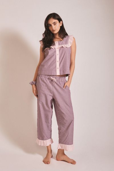 TBCo TBCo Cotton Ruffle Cropped Pajamas Set Top in Burgundy Stripe Ruffle, Women's at Urban Outfitters