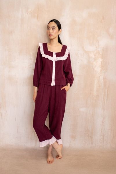 TBCo TBCo Cotton Ruffle Pajama Set Top in Burgundy Ruffle, Women's at Urban Outfitters