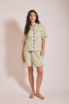 TBCo TBCo Cotton Ruffle Stripe Short Pajamas Set Top in Olive Stripe Ruffle, Women's at Urban Outfitters