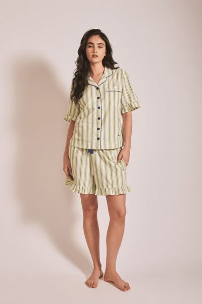 TBCo TBCo Cotton Ruffle Stripe Short Pajamas Set Top in Olive Stripe Ruffle, Women's at Urban Outfitters
