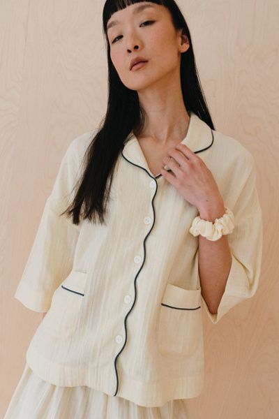 TBCo TBCo Cotton Scalloped Pajama Set Top in Buttermilk, Women's at Urban Outfitters