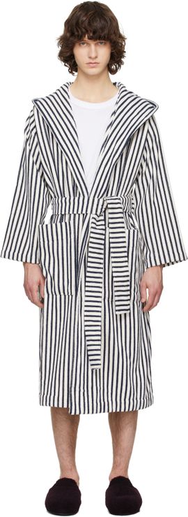 Tekla Tekla Off-White & Navy Terry Hooded Bathrobe