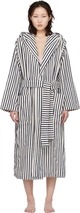 Tekla Tekla White & Navy Terry Hooded Bathrobe