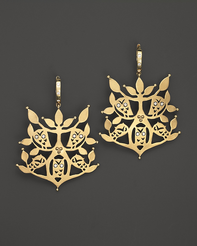 Temple St. Clair Temple St. Clair 18K Athena Owl Cut Out Earrings with Diamonds