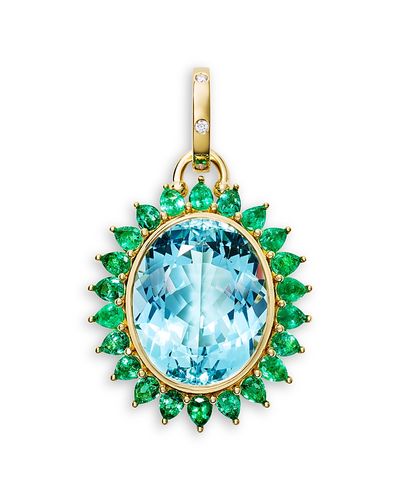 Temple St. Clair Temple St. Clair 18K Yellow Gold Emerald, Diamond & Aquamarine Color Theory Halo Pendant