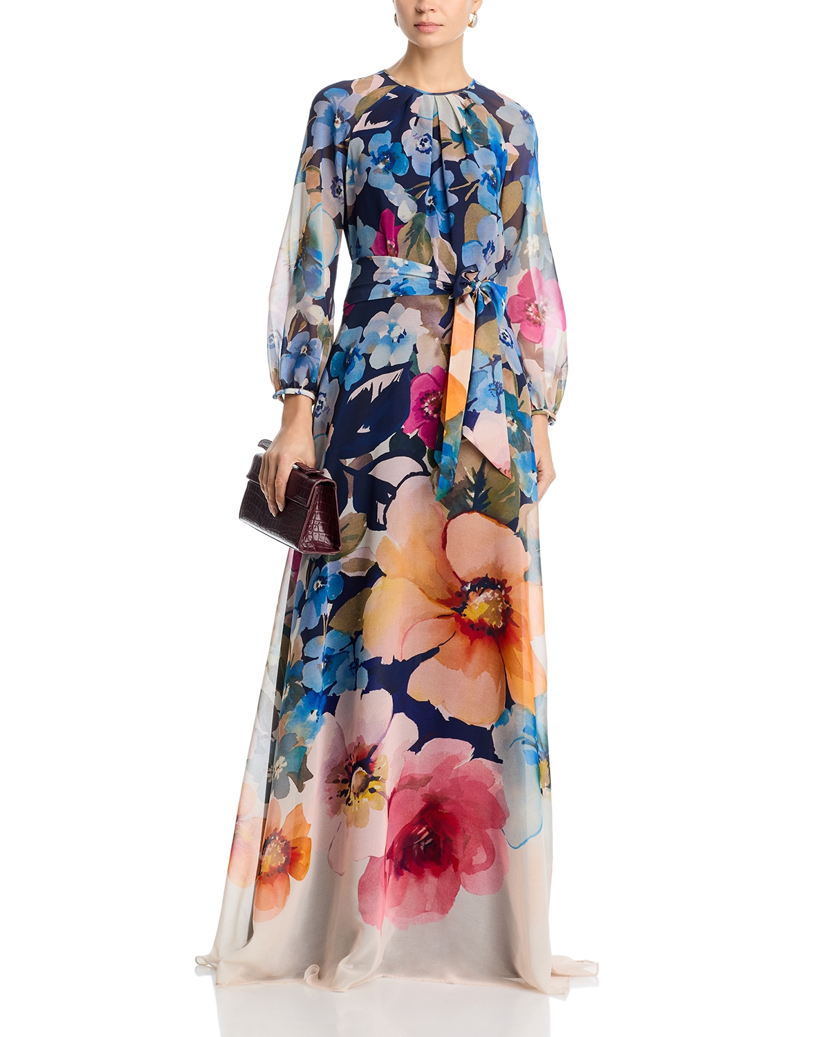 open lace back dress Patchwork Print Pleated Maxi Gown