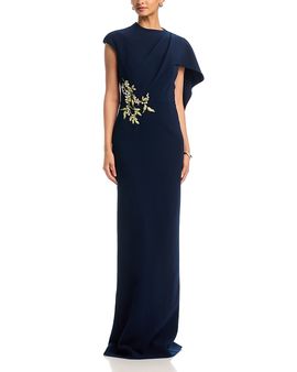 Teri Jon By Rickie Freeman Teri Jon by Rickie Freeman Crepe Asymmetric Capelet Pearl Applique Waist Trim Gown