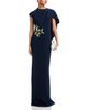 Teri Jon By Rickie Freeman Teri Jon by Rickie Freeman Crepe Asymmetric Capelet Pearl Applique Waist Trim Gown - 2