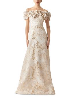 knee length dresses for ladies Teri Jon Floral Jacquard Off the Shoulder Gown 217048