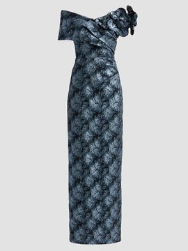 Teri Jon by Rickie Freeman Women's 3D Floral Metallic Jacquard Columnn Gown