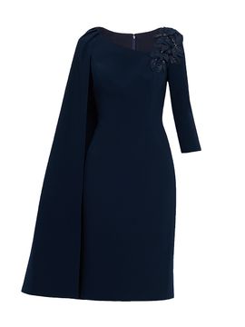 Teri Jon by Rickie Freeman Women's Cape-Sleeve Crepe Asymmetric Knee-Length Dress