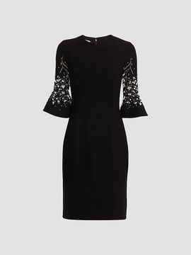 Teri Jon by Rickie Freeman Women's Crepe Flounce-Cuff Flower Pearl-Embellished Dress