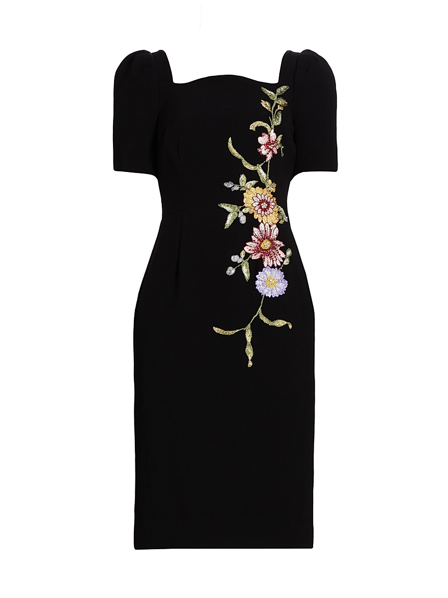 teri jon by rickie freeman floral embroidered off-the-shoulder dress FLORAL EMBROIDERY MESH FISHTAIL MIDI DRESS IN YELLOW – Bella Galvan main image 0