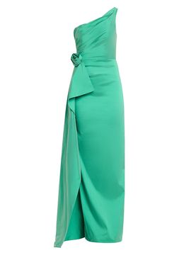 Teri Jon by Rickie Freeman Women's Flower-Corsage One-Shoulder Taffeta Gown