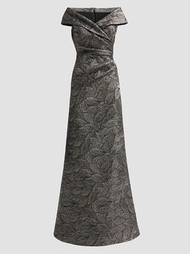 Teri Jon by Rickie Freeman Women's Leaf Pattern Jacquard Off-The-Shoulder Gown