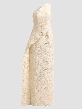 Teri Jon by Rickie Freeman Women's Metallic Jacquard One-Shoulder Draped Asymmetric Peplum Gown