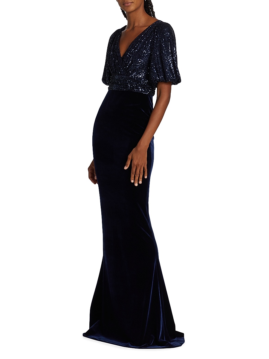 Teri Jon by Rickie Freeman - Women's Velvet Sequined Short-Sleeve Gown