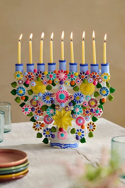 Terrain Oaxacan Clay Floral Painted Hanukkah Menorah