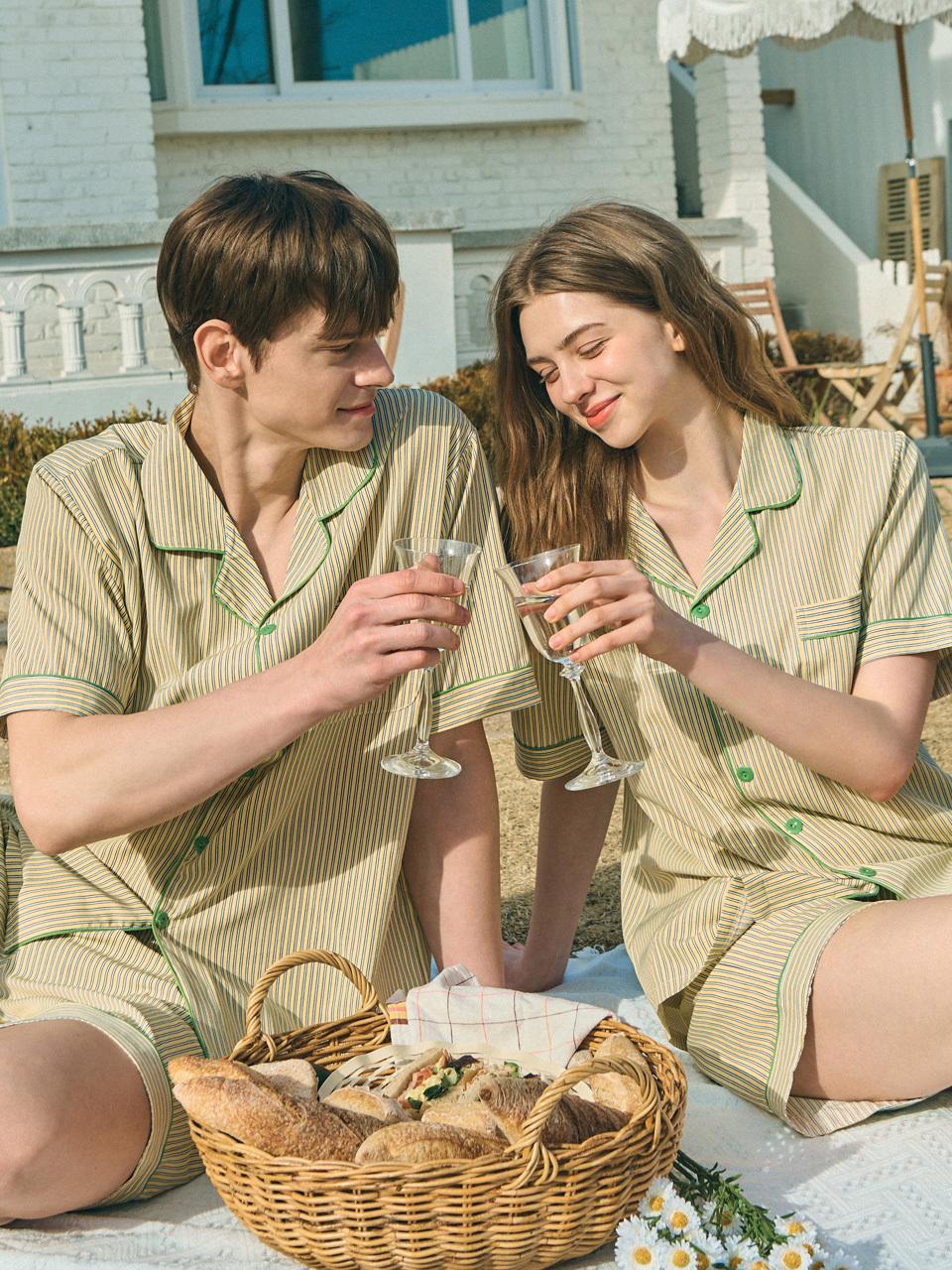 TESER Honey Buttery Silk-Touch Short Sleeve Couple Pajama Set (Top and Bottom) [Yellow]