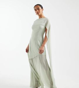 TFNC Petite TFNC Petite Bridesmaid chiffon sheer skirt scarf detail maxi dress in sage green