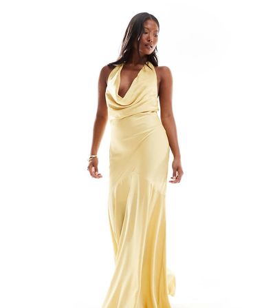 TFNC Petite TFNC Petite Bridesmaid cowl halterneck satin maxi dress in honey-Brown