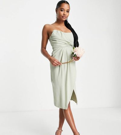 TFNC Petite TFNC Petite Bridesmaid Noee bandeau wrap dress in sage green