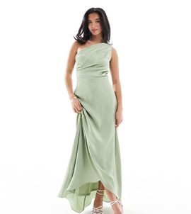 TFNC Petite TFNC Petite Bridesmaid one shoulder satin maxi dress with wrap skirt in sage green