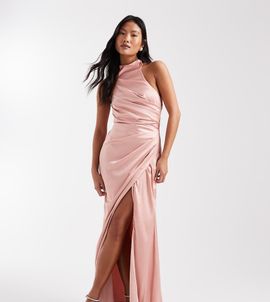TFNC Petite TFNC Petite Bridesmaid satin halter neck wrap skirt maxi dress in pink